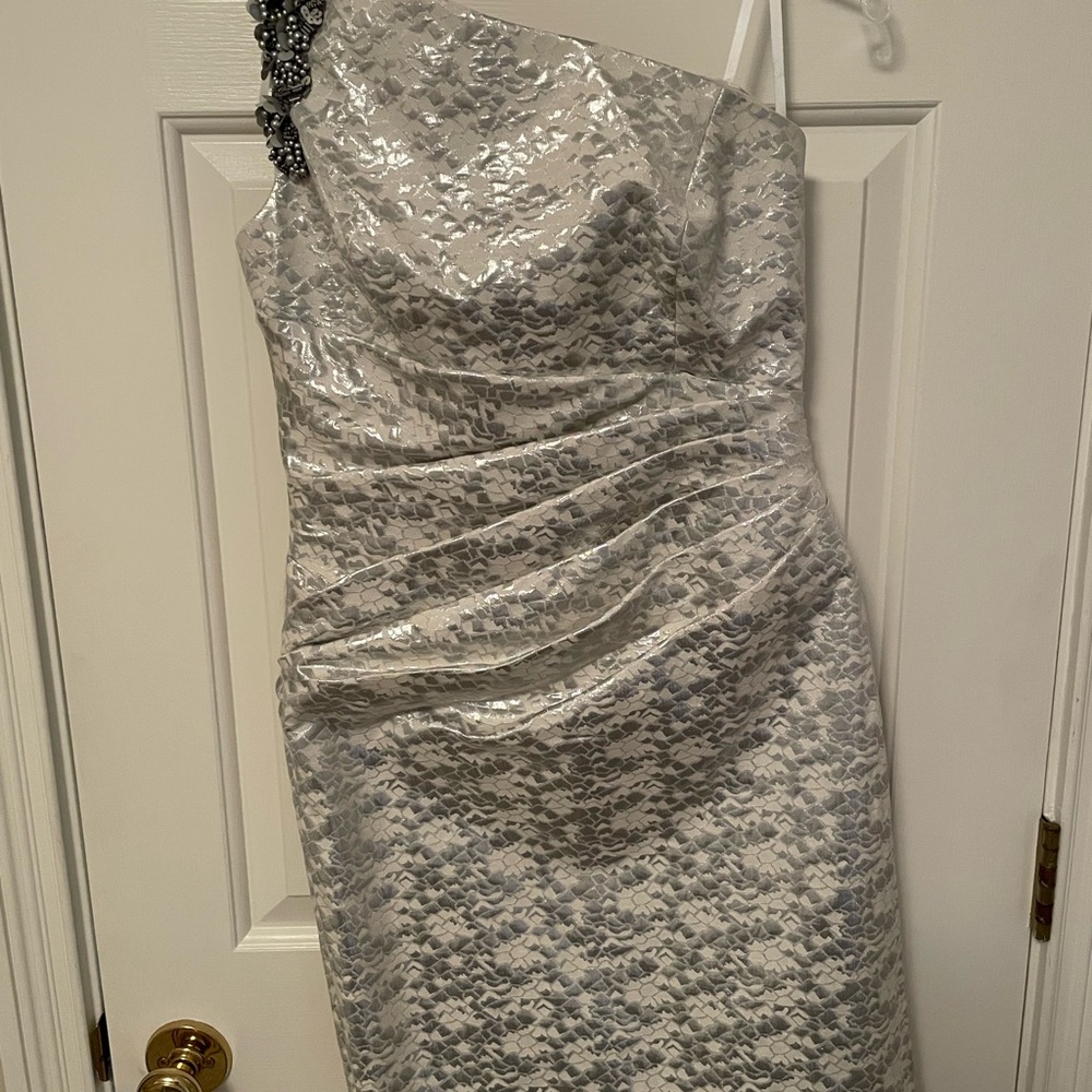 London Times Silver One-Shoulder Midi Dress